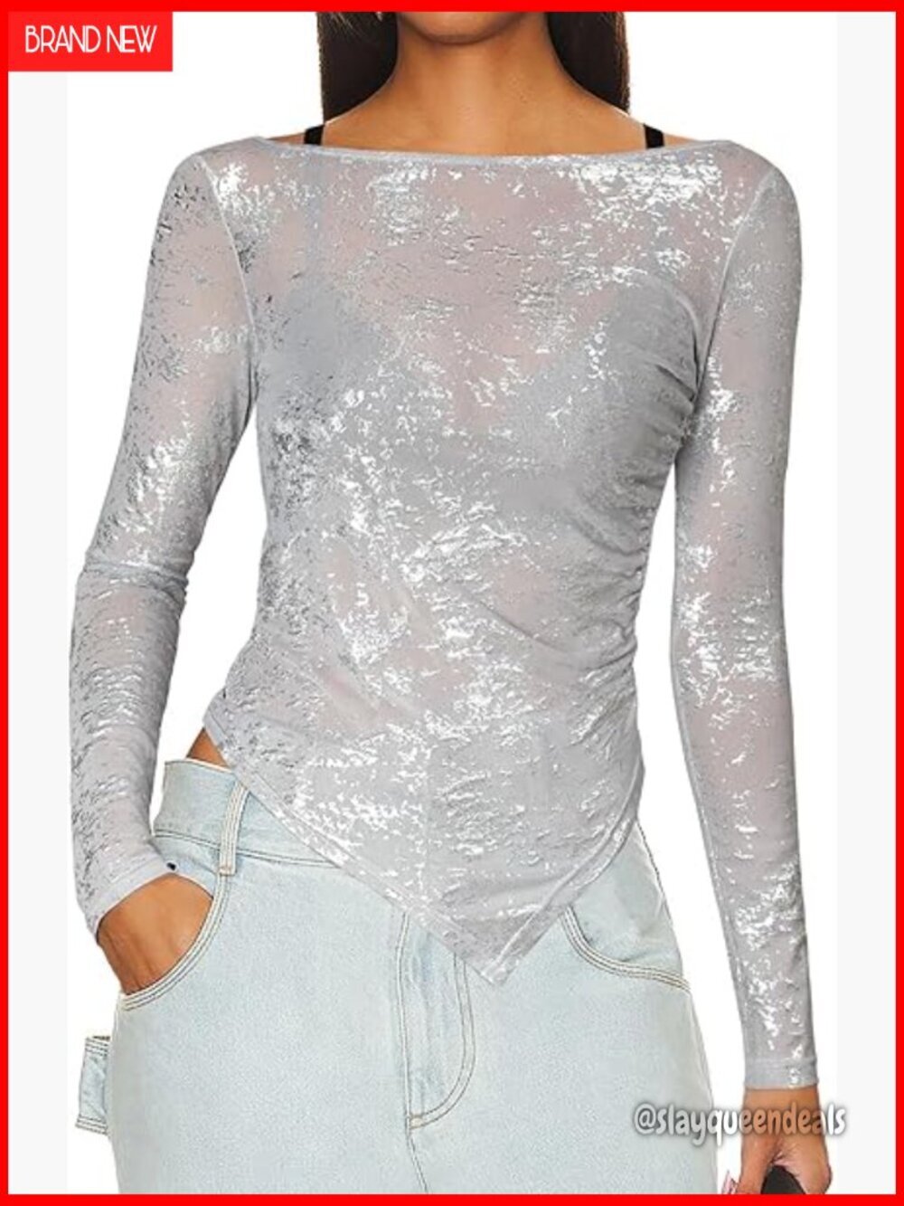 Long Sleeve Mesh Glitter Top Slim Fit Boat Neck Sheer Sparkly Blouse